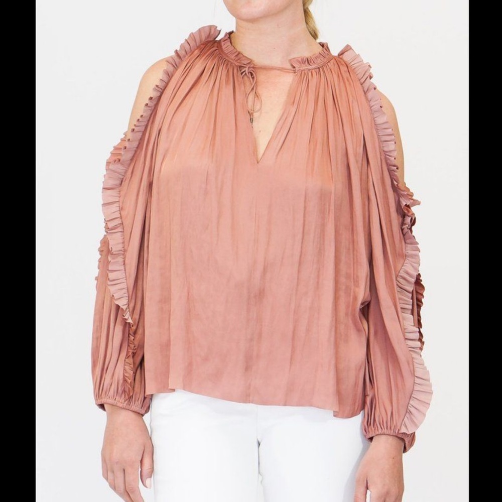 ULLA JOHNSON Women’s Britt Ruffled Cold Shoulder  Blouse In Clay Size 8 - Picture 2 of 7
